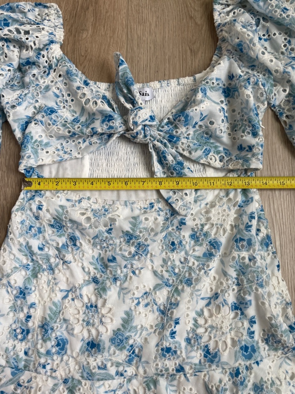 En Saison Claire Eyelet Mini Dress Puff Sleeve Blue White S - Picture 6 of 10